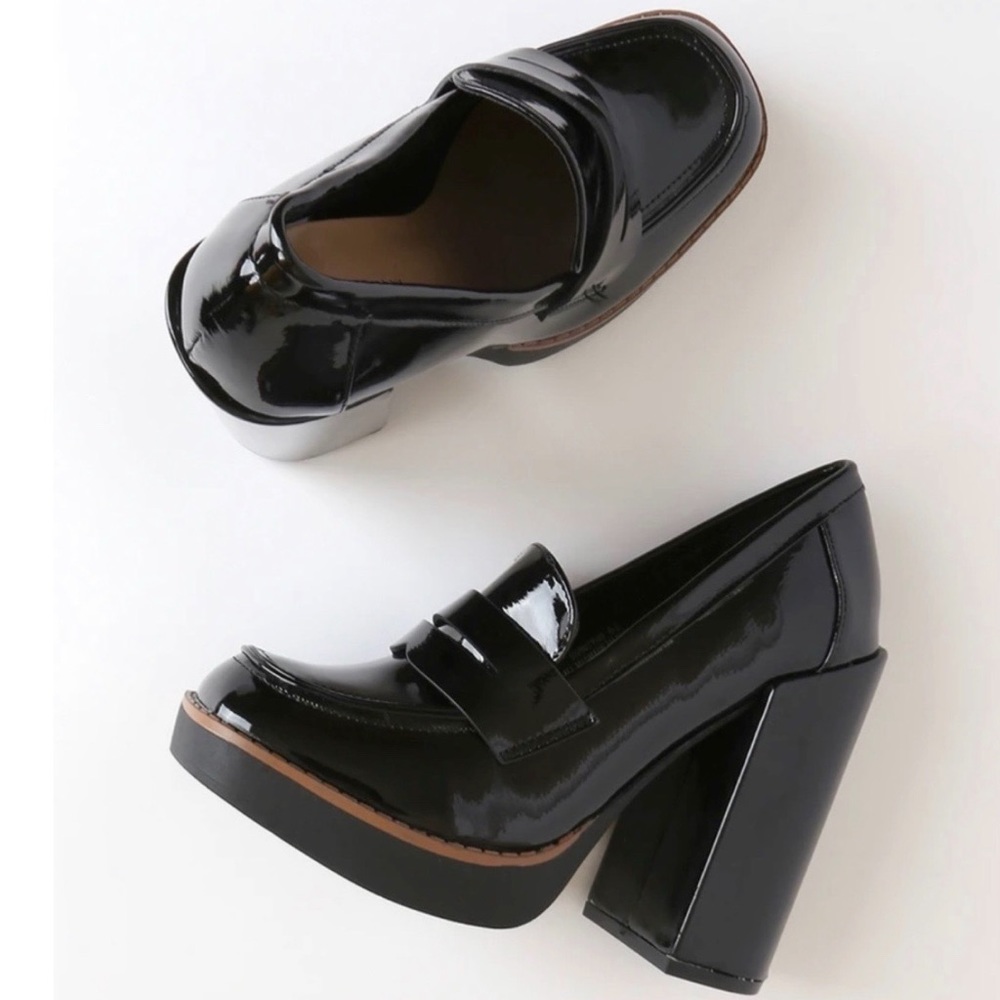 Black Super Chunky Heel Penny Loafers - Picture 4 of 8